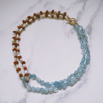 Aquamarine, pearl and coral interlocking necklace