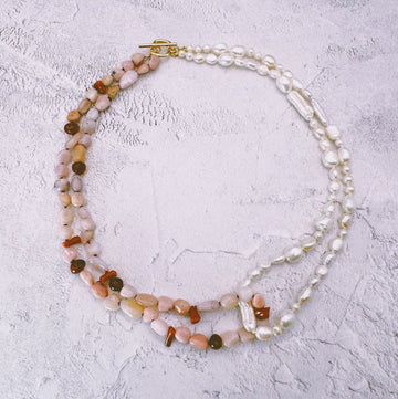 Pink opal and pearl interlocking necklace